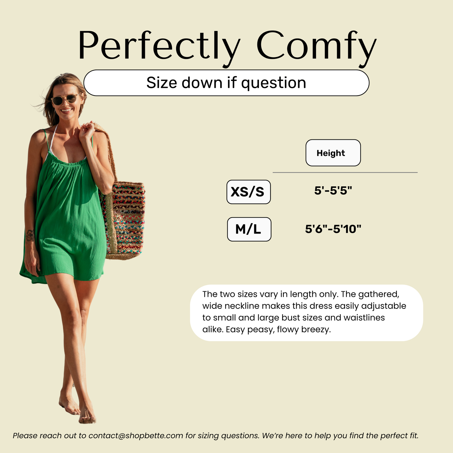 Size chart for Bette green mini dress