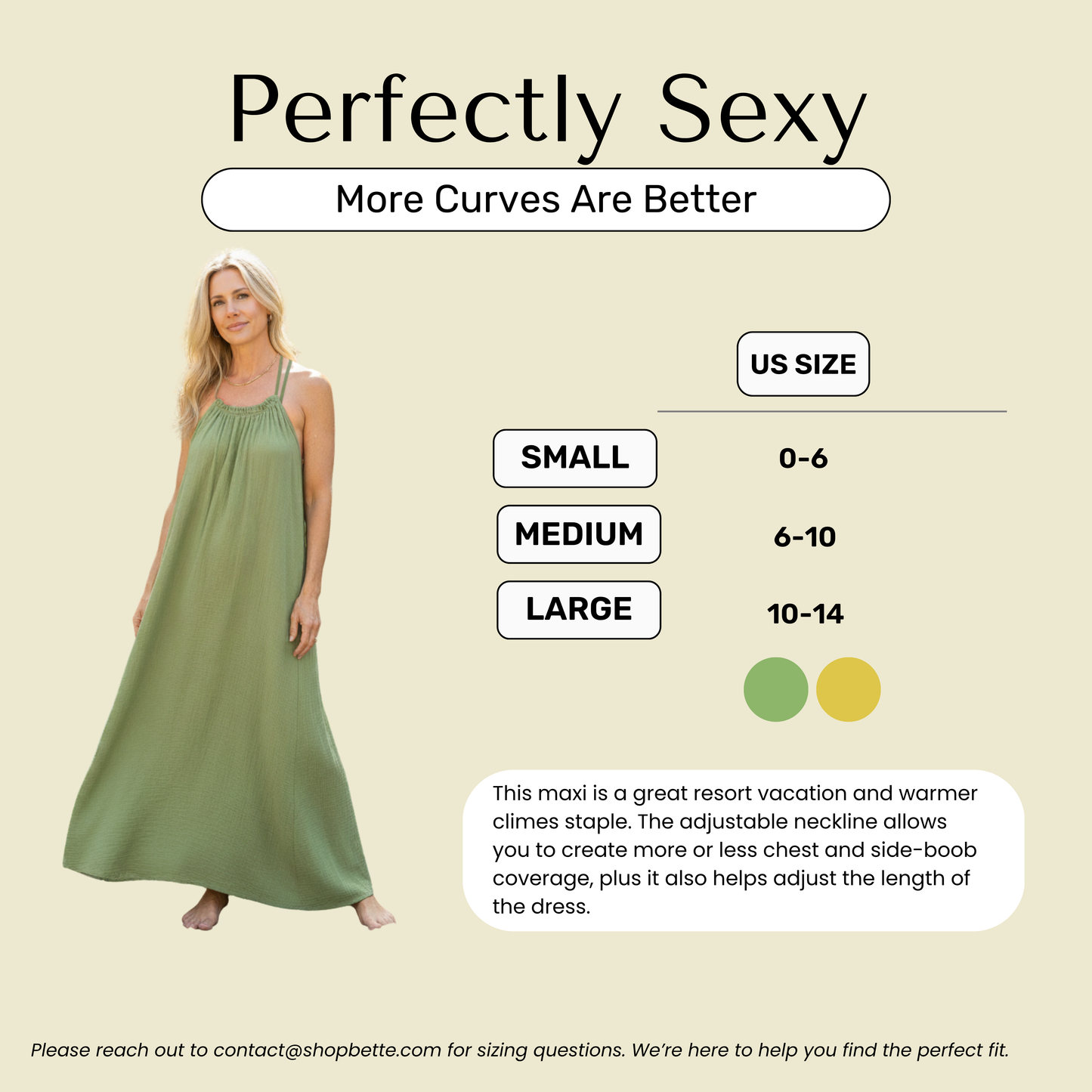 Woman wearing a green dress with size chart and description on beige background