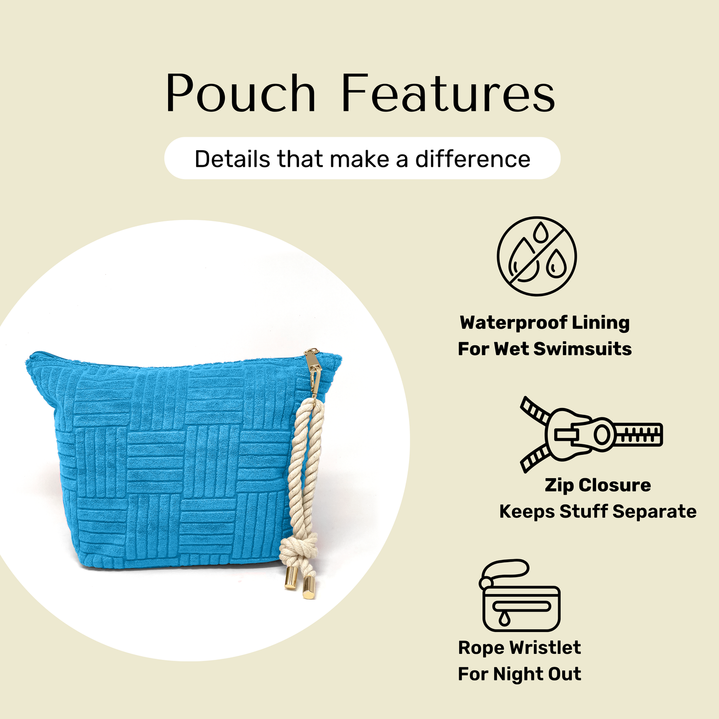 Features of blue terry cloth waterproof pouch