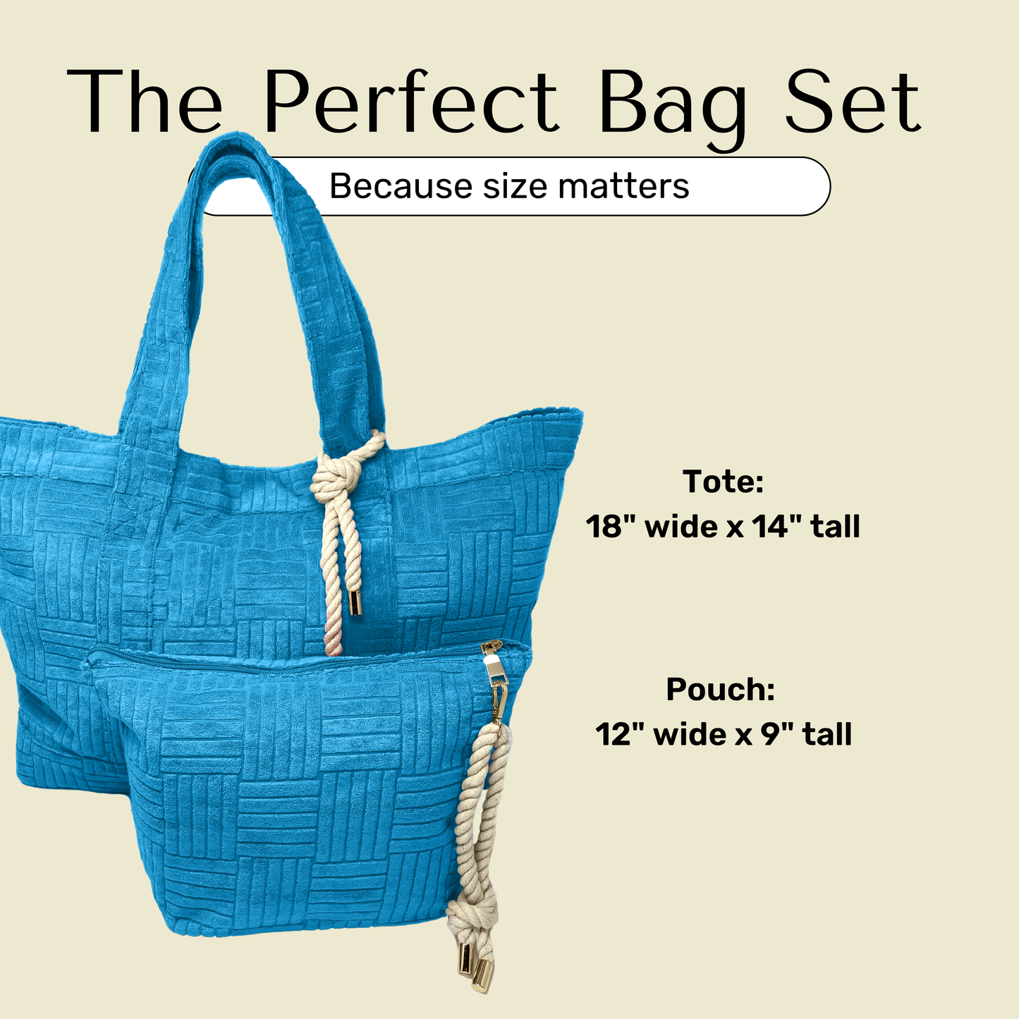 Size chart for terry cloth bag set in blue