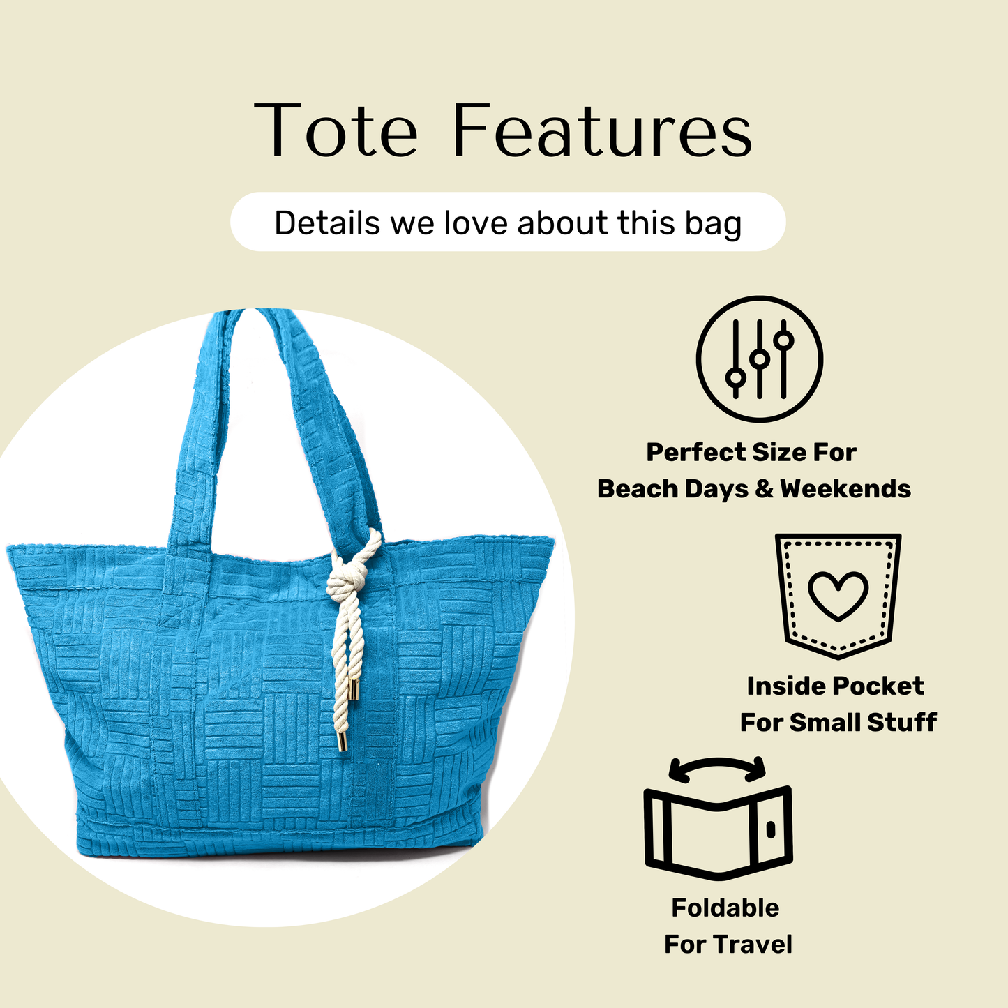 Features of blue terry cloth tote bag