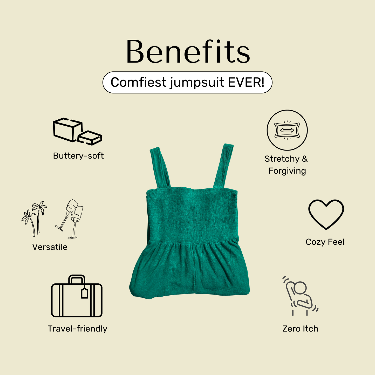 information about why Bette terrycloth green jumpsuit is great