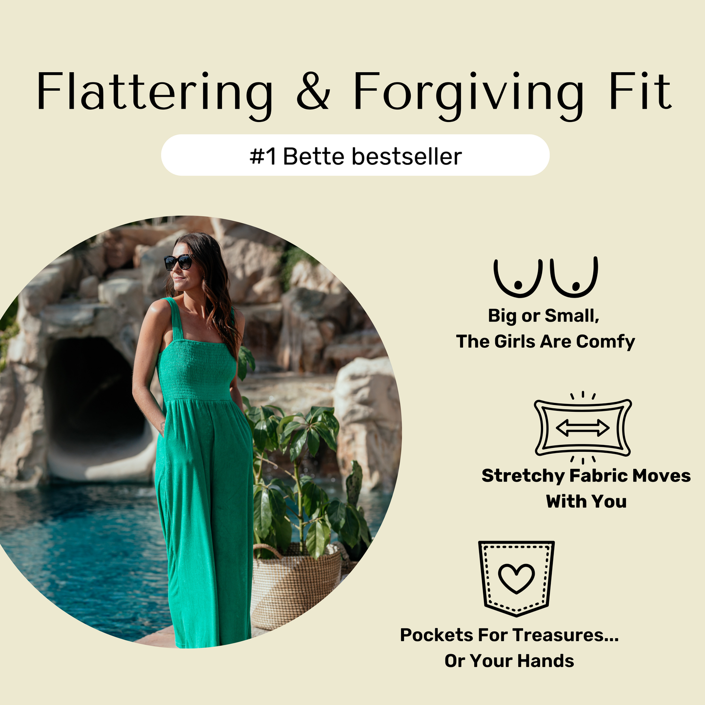 Fit information for green Bette terry cloth jumpsuit