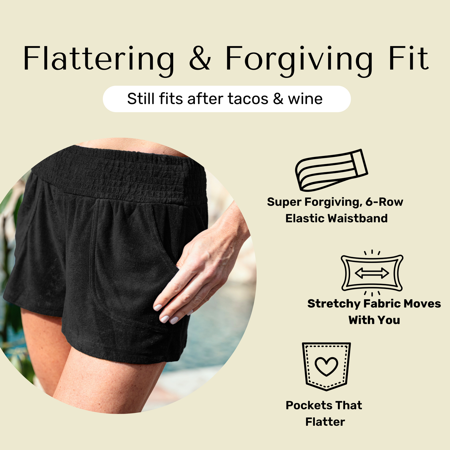 Fit information for Bette black terry cloth shorts