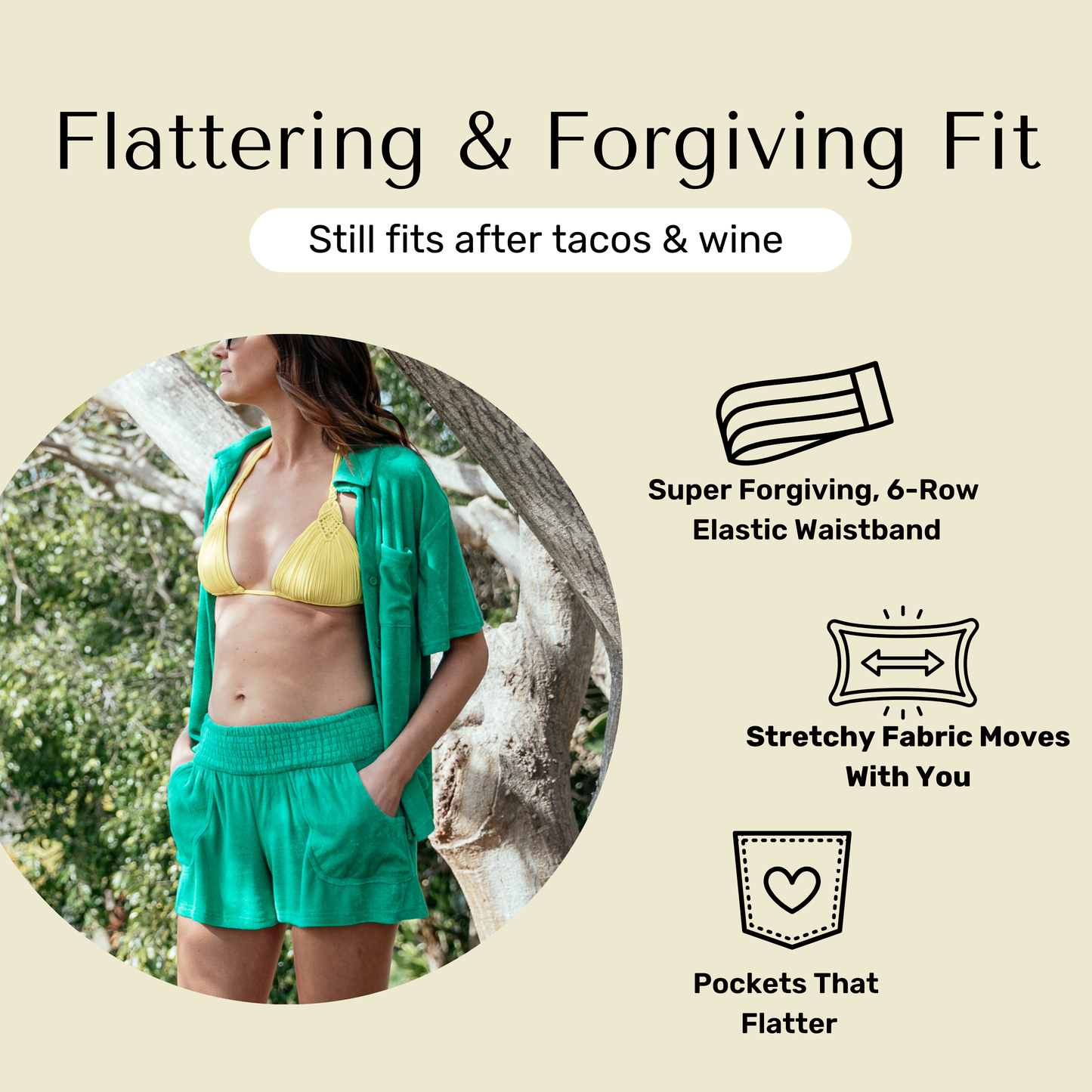 Fit information for green Bette terry cloth shorts