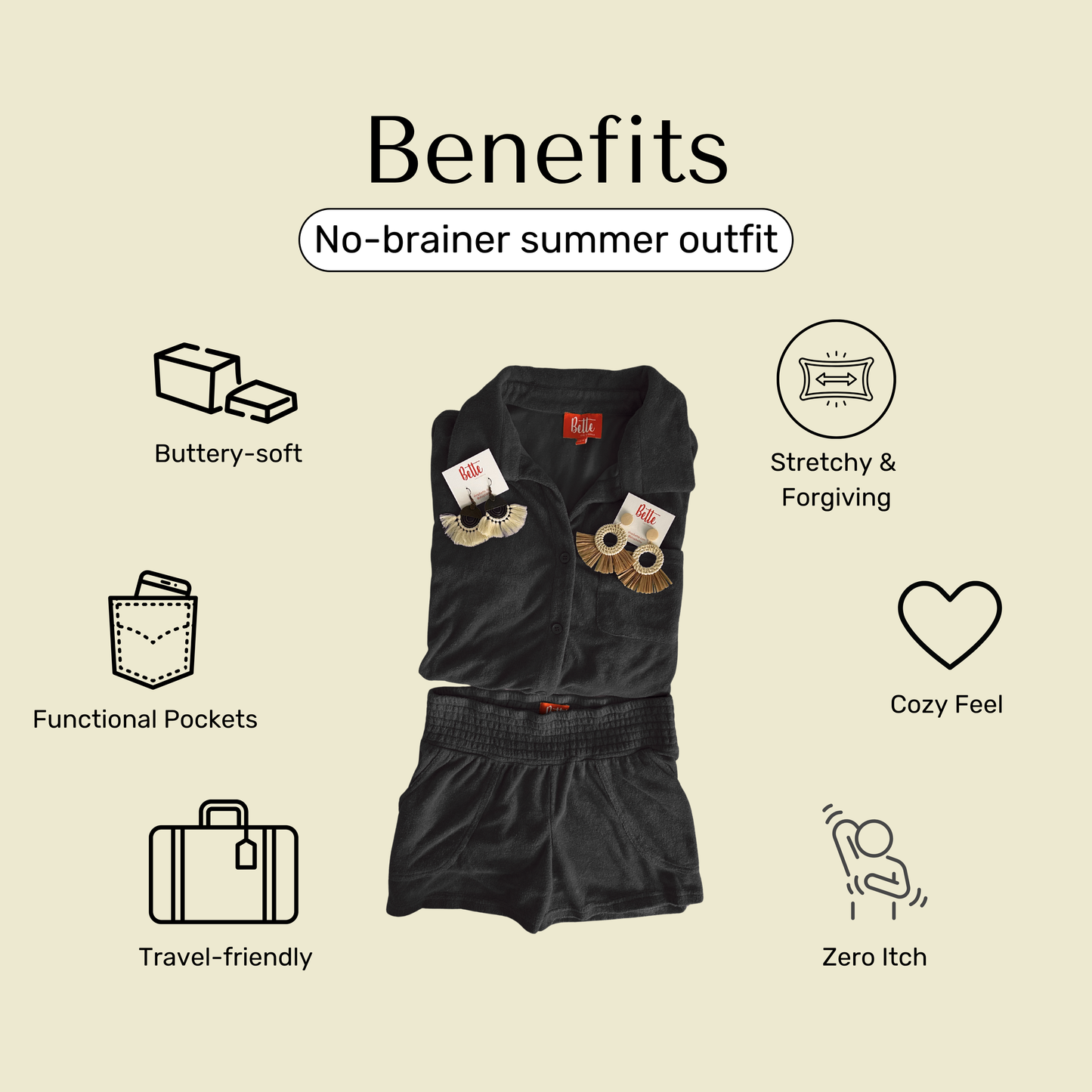 Benefits of the Bette terry cloth shorts set in black