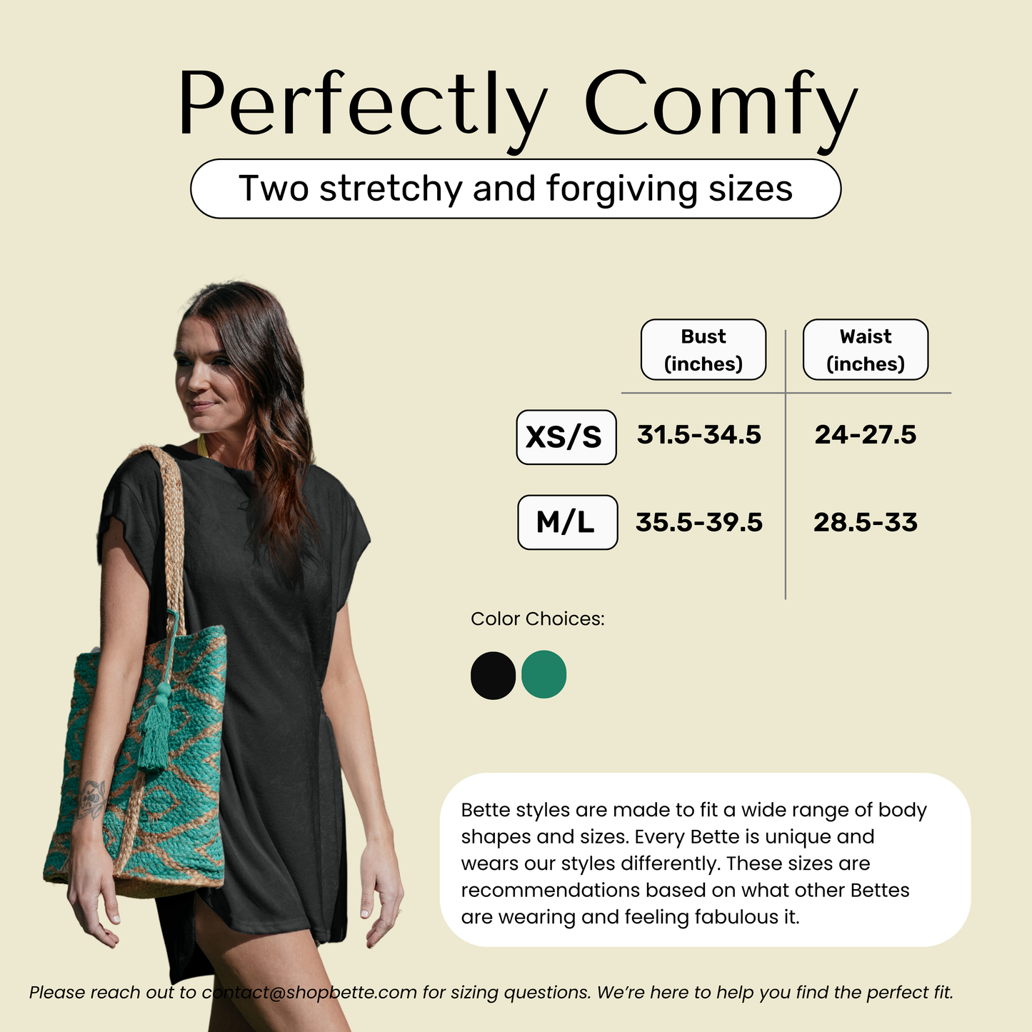 Size chart for black bette terry cloth cover up