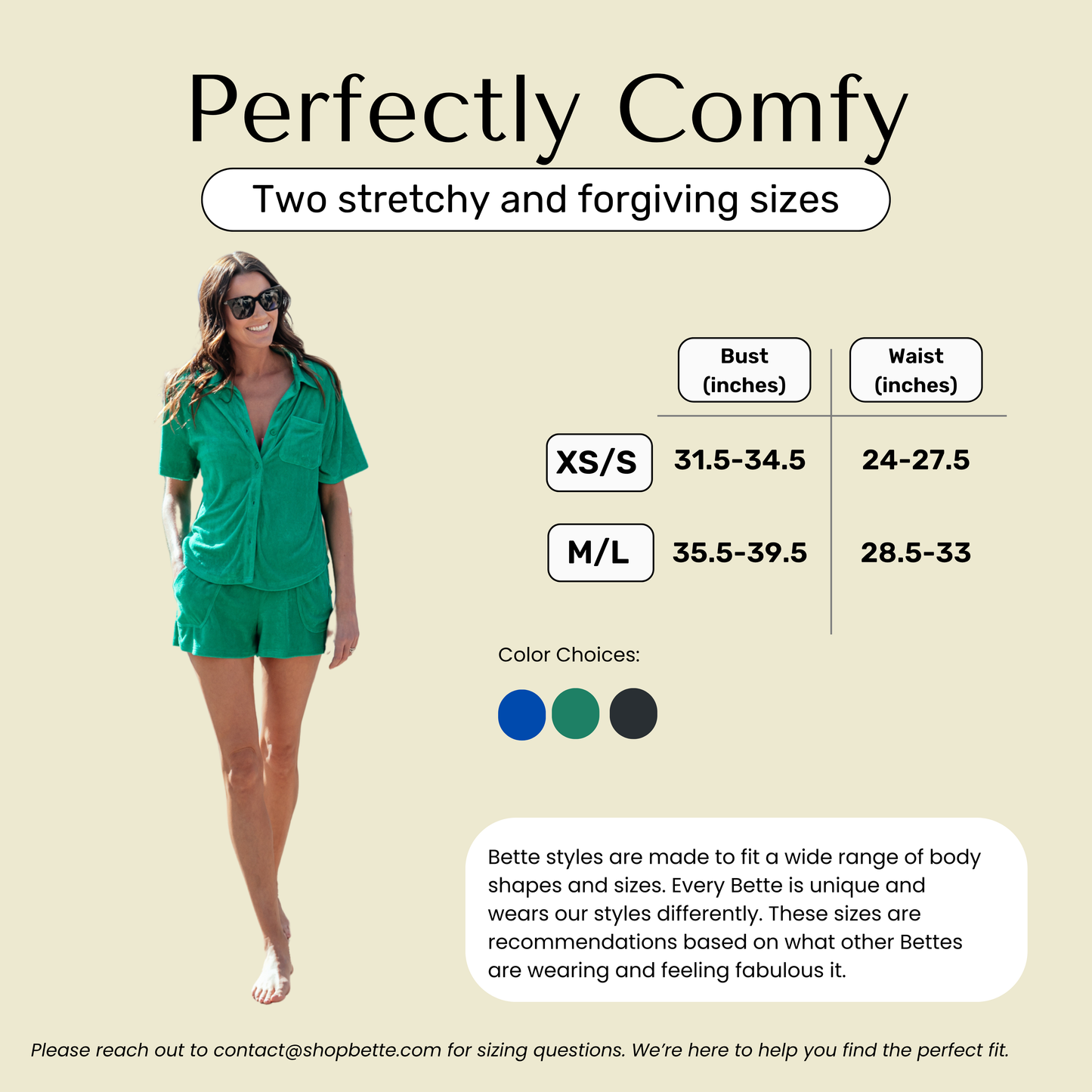 Size chart for Bette green terry cloth shorts set