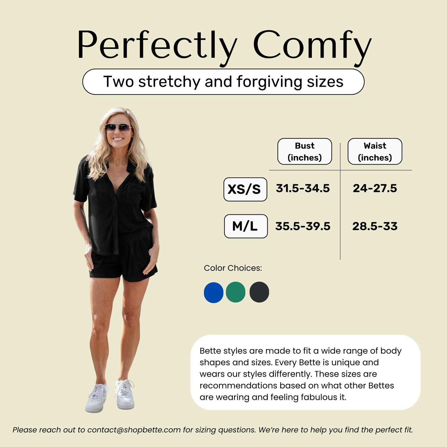 Size chart for Bette terry cloth shorts set in black