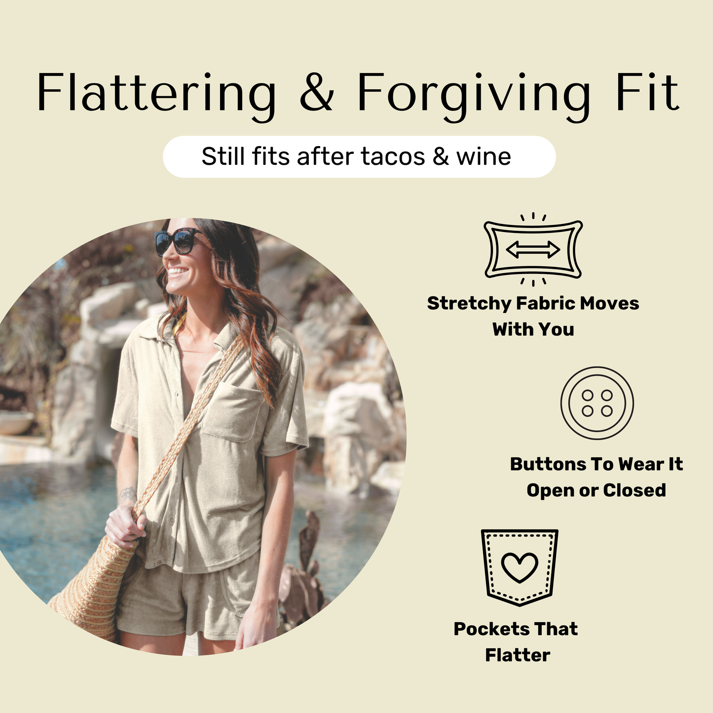 Woman wearing tan shorts set carrying a jute cross-body bag. Details about the fit of top.