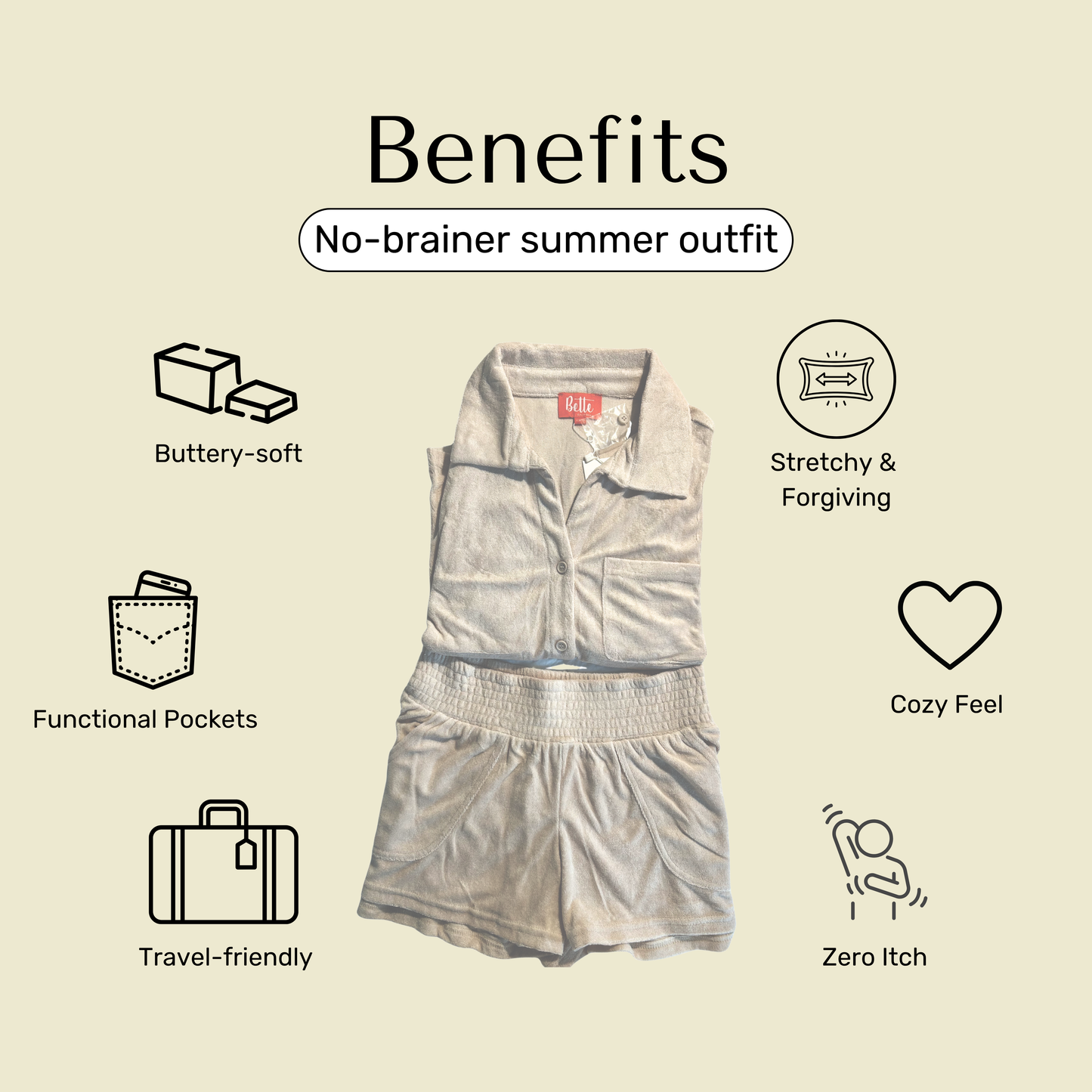 Up-close picture of light tan terry cloth shorts set with benefits of the set.