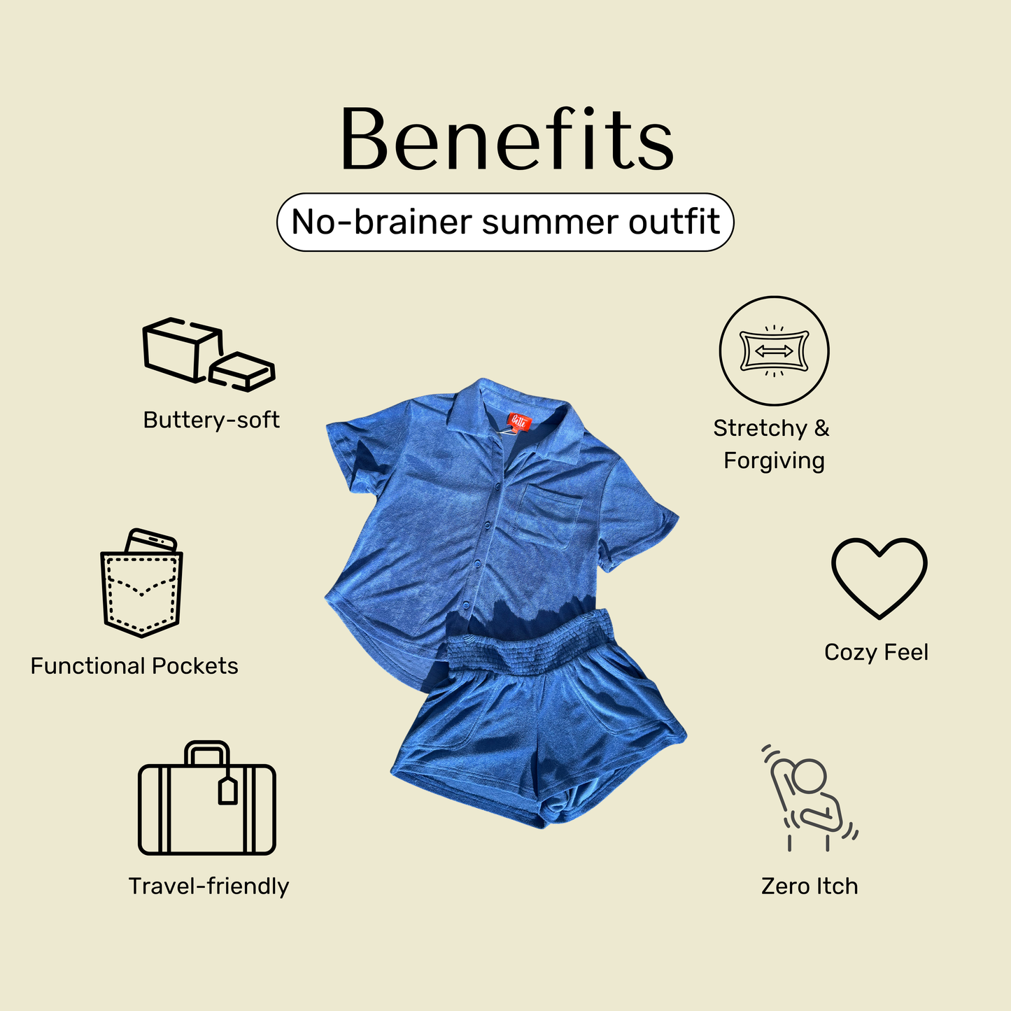 Benefits information for Bette blue terry cloth shorts set