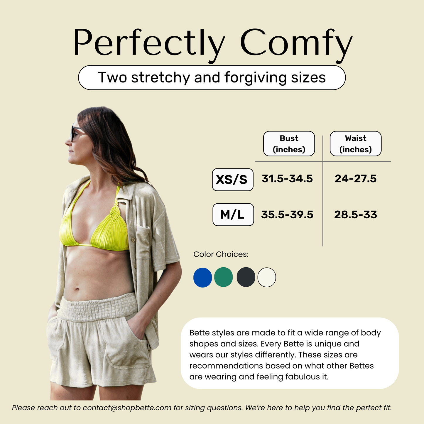Size chart for terry cloth shorts set in light tan color.