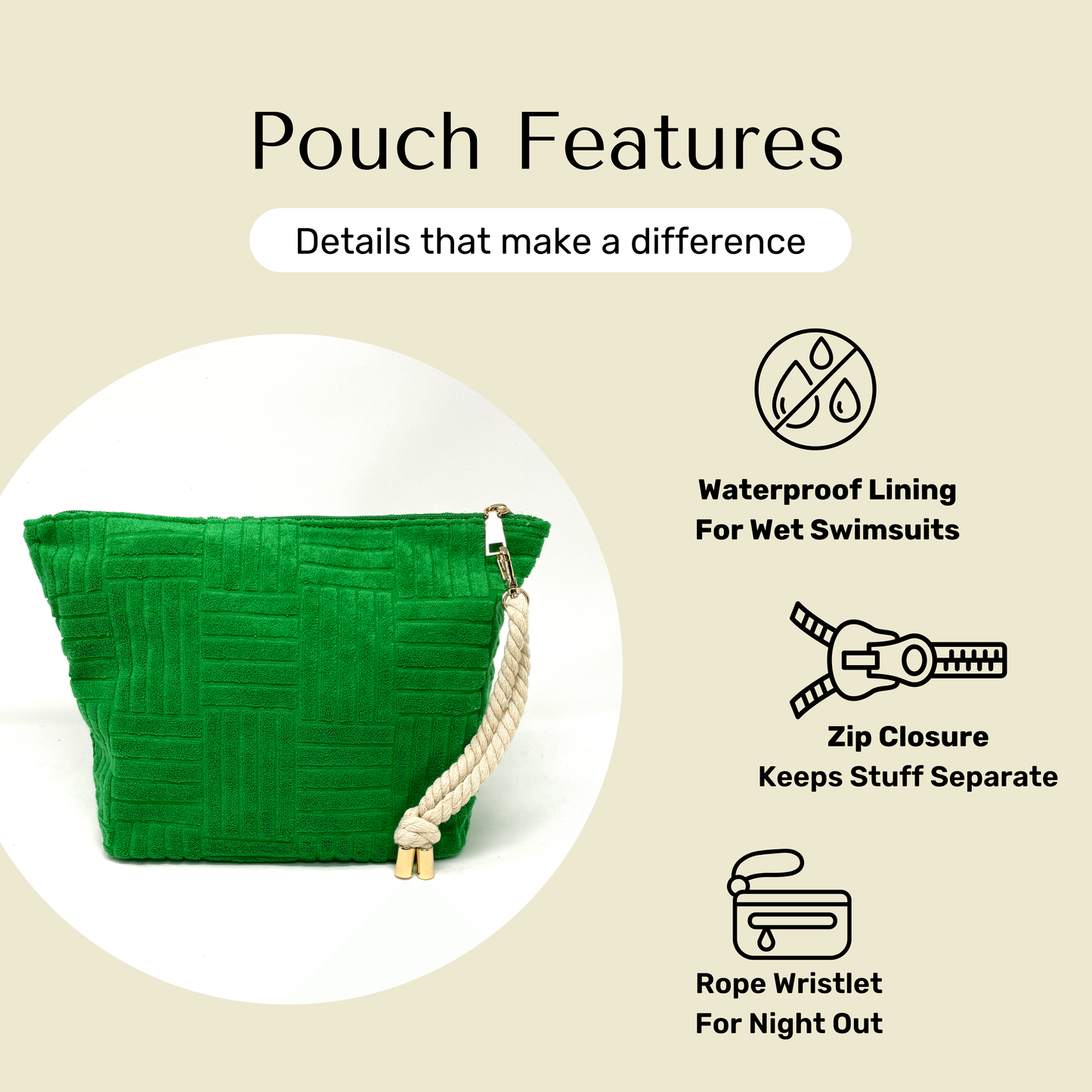 Features of green terry cloth waterproof pouch