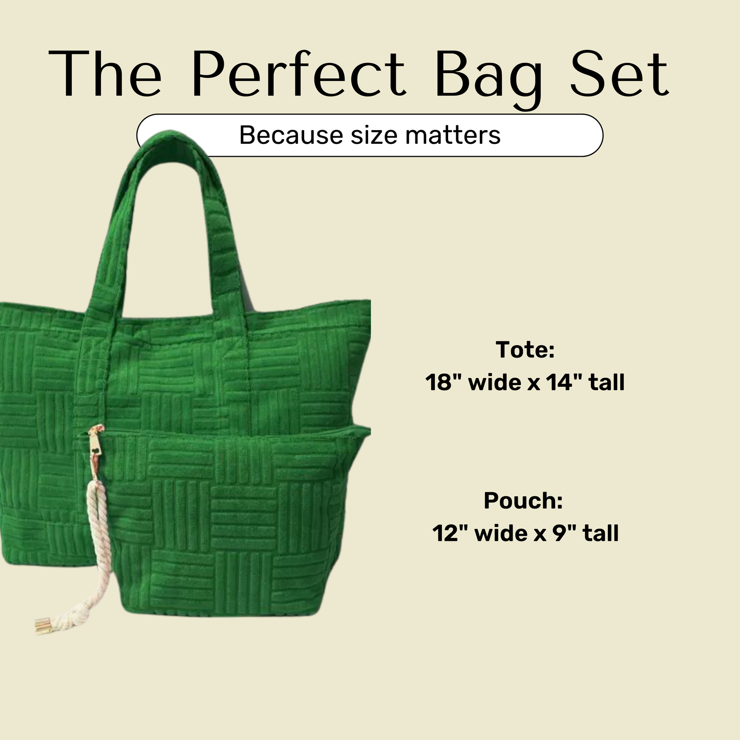 Green terry cloth Bag set size information