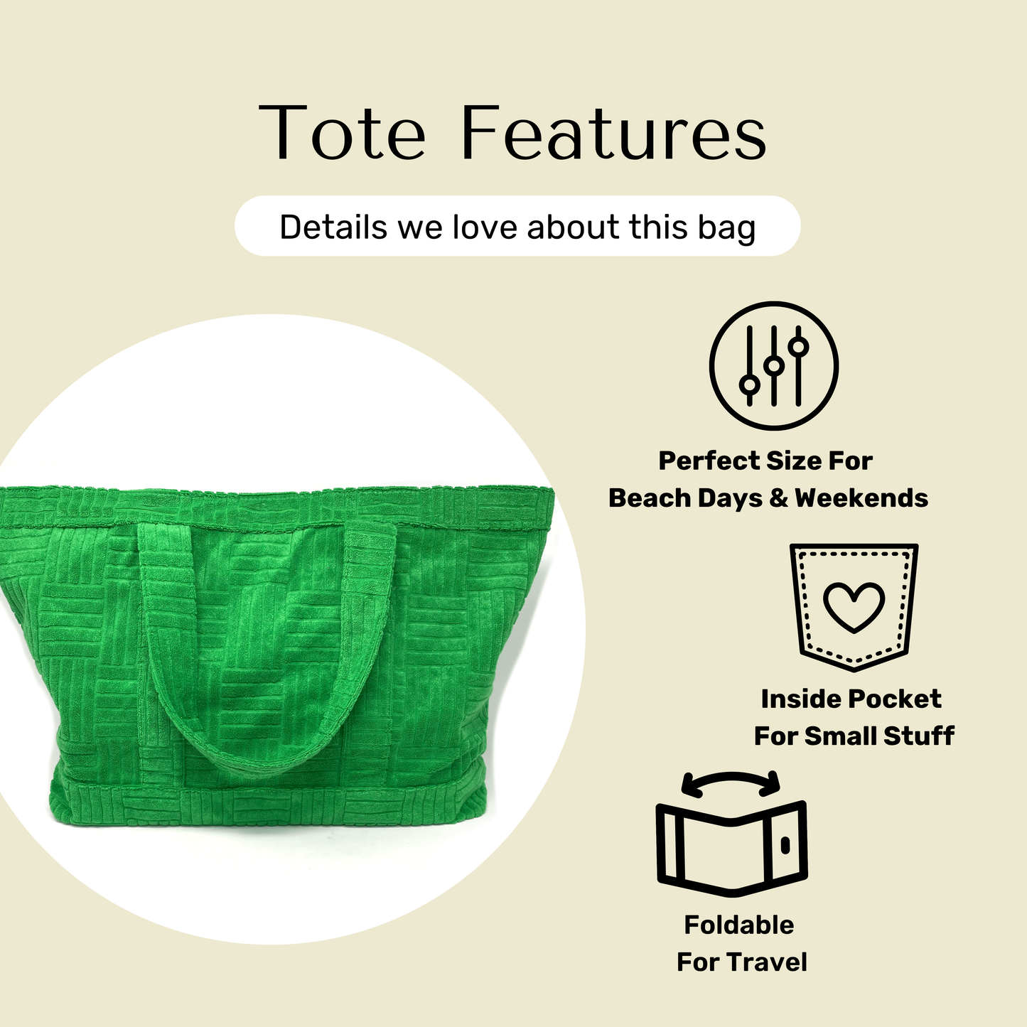 Features of green terry cloth tote bag