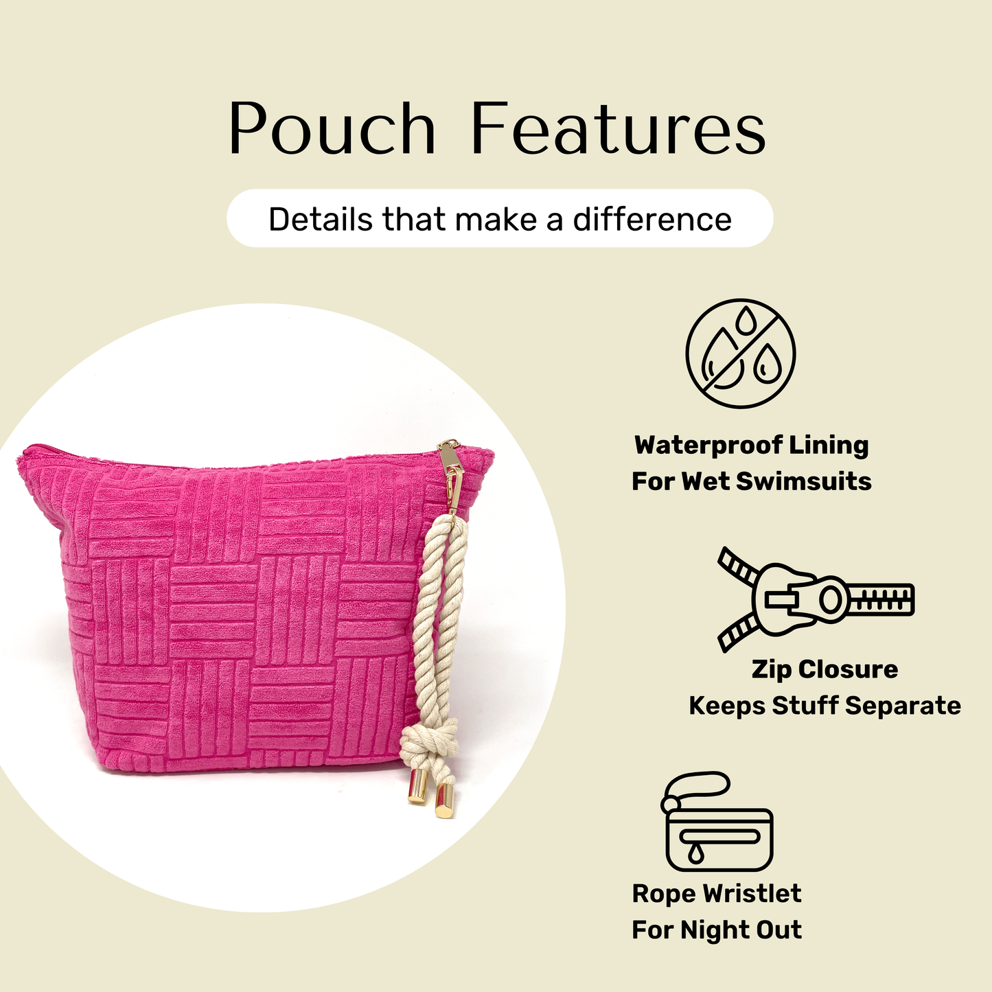 Features of pink terry cloth waterproof pouch