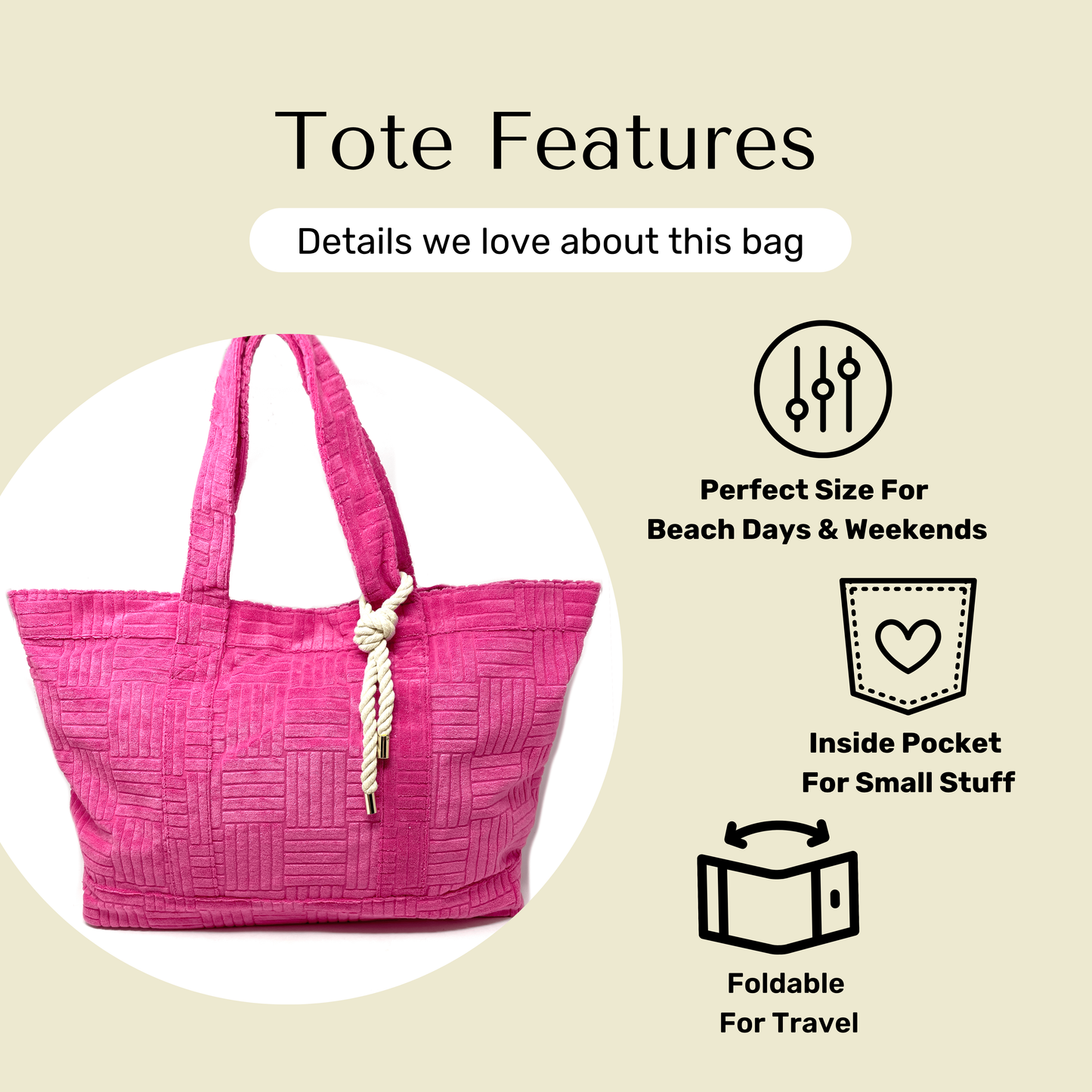 Features of pink terry cloth tote bag