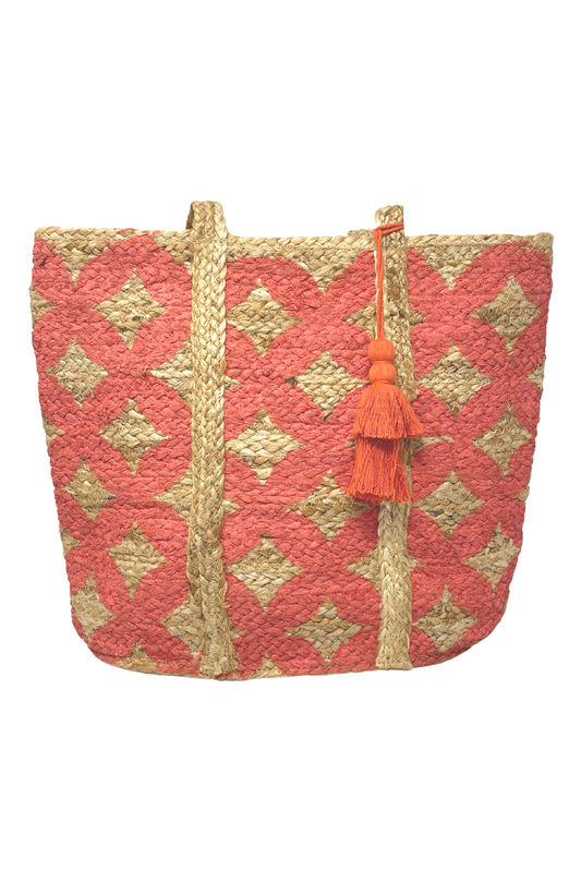 Jute bag with coral cross design and tassel