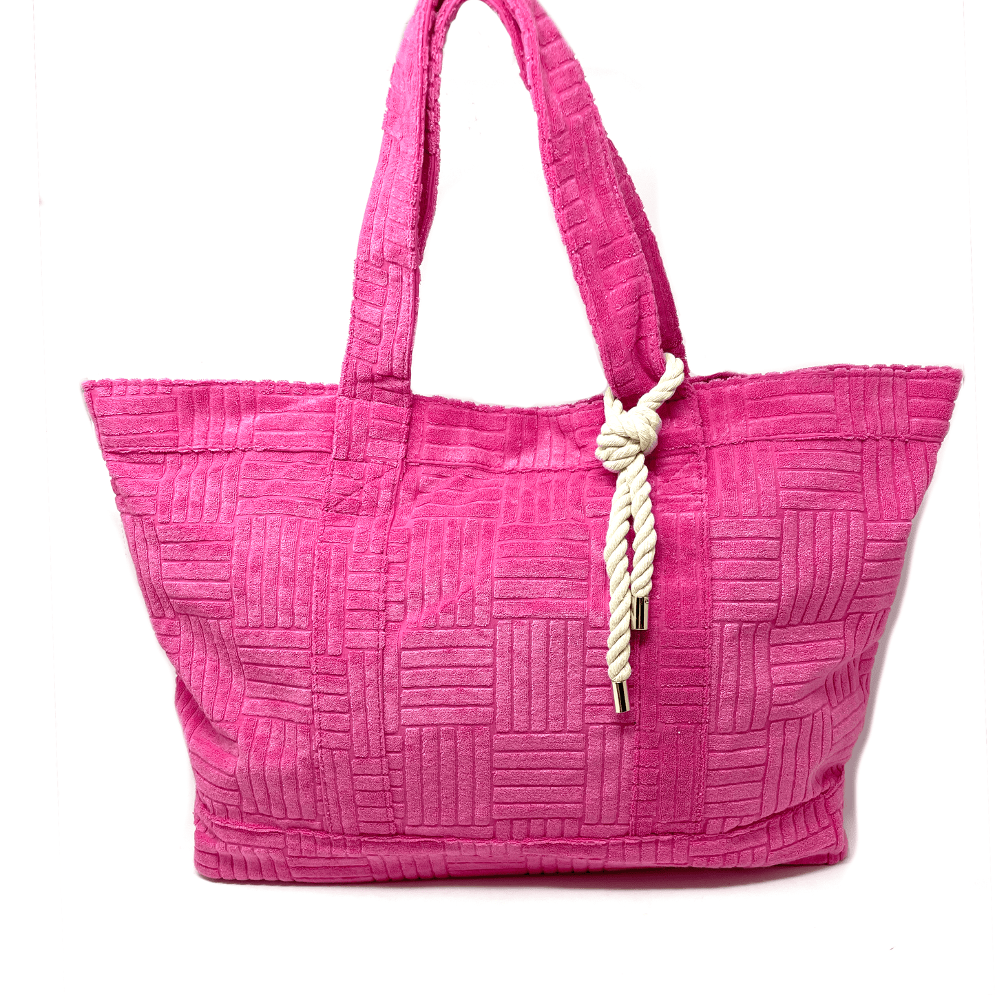 Pink terry cloth tote with rope embellishment