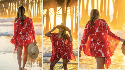 Three side-by-side images of a woman in a red floral cover-up walking along the shoreline at sunset, holding a straw hat with ocean waves and pier pillars in the background.