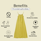 Yellow dress with benefits listed on a beige background