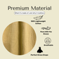 Text about premium material properties with a circular image of fabric texture on a beige background