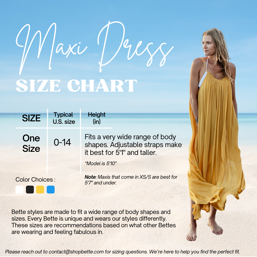 Size chart and color choices for Bette Amalie maxi cover ups.