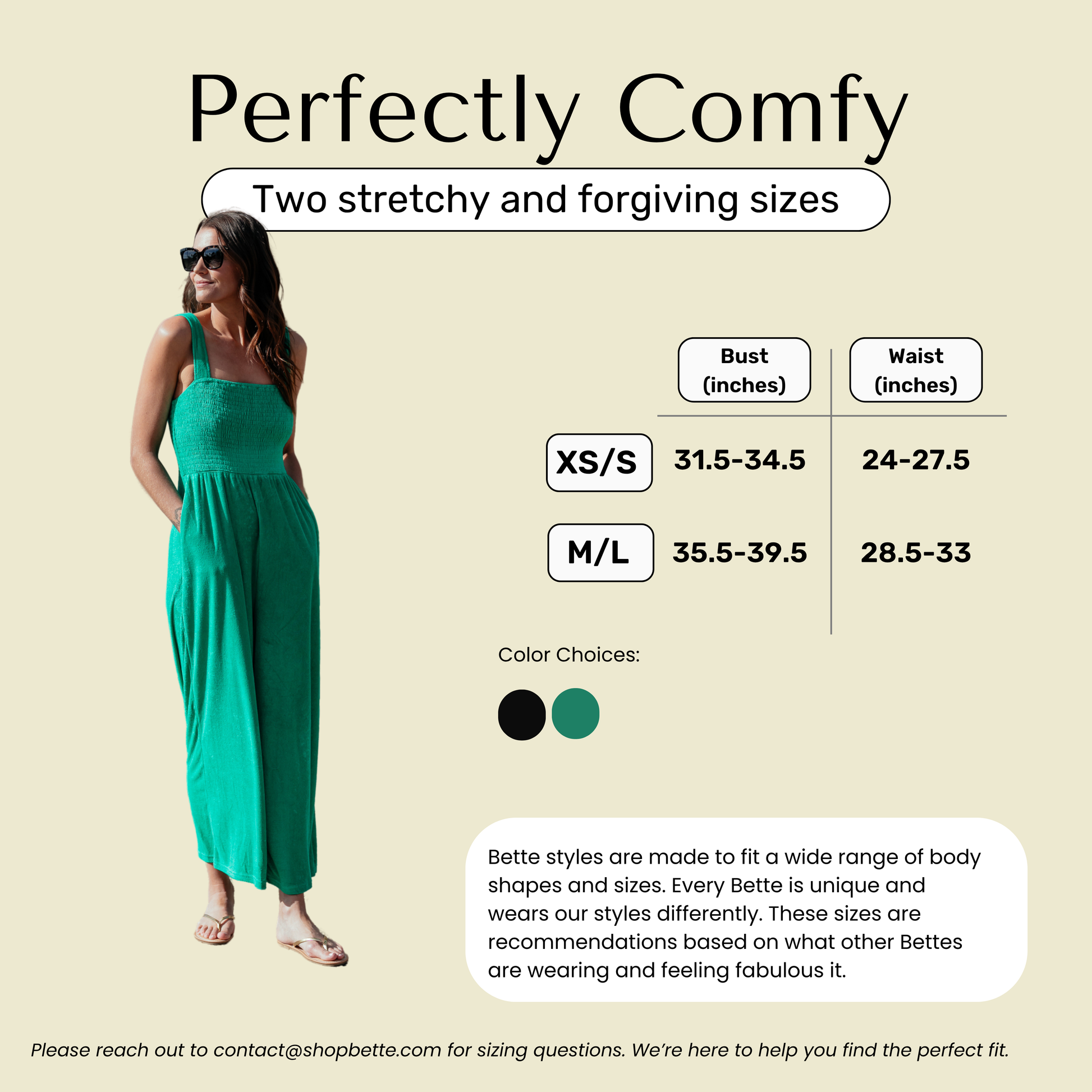 Size chart for green Bette terrycloth jumpsuit