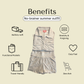 Up-close picture of light tan terry cloth shorts set with benefits of the set.