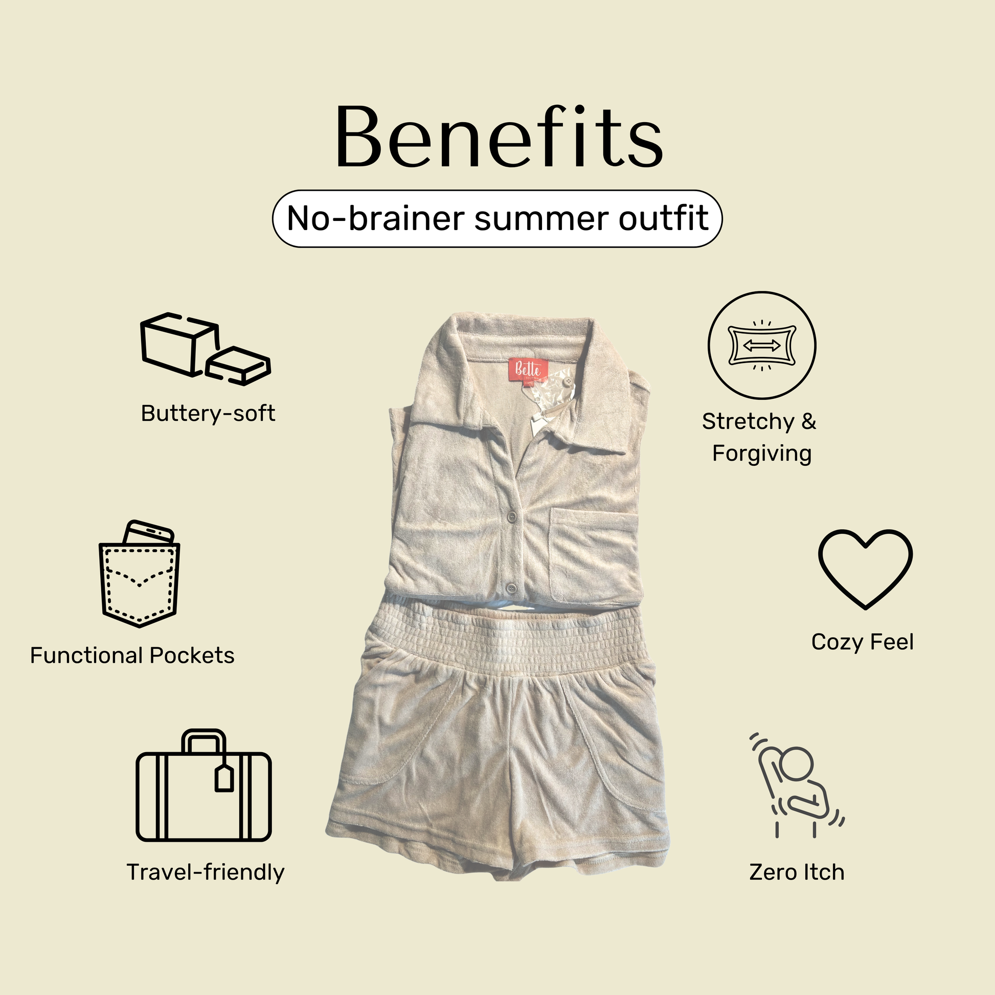 Up-close picture of light tan terry cloth shorts set with benefits of the set.