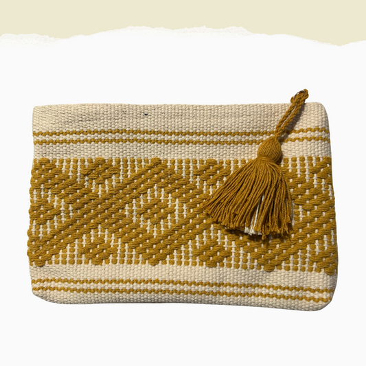 hand woven mexican pouch in gold and ivory with gold tassel