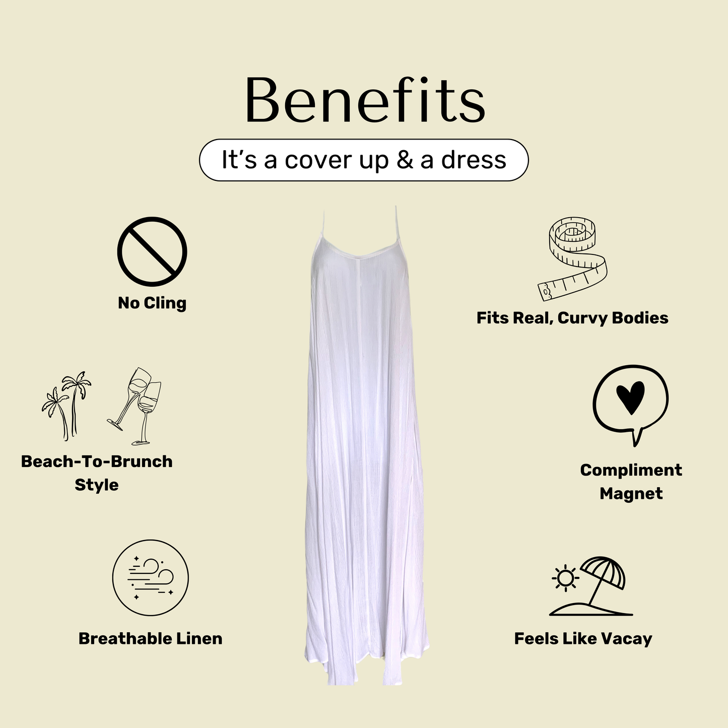 White cover up maxi dress with text highlighting its benefits on a beige background