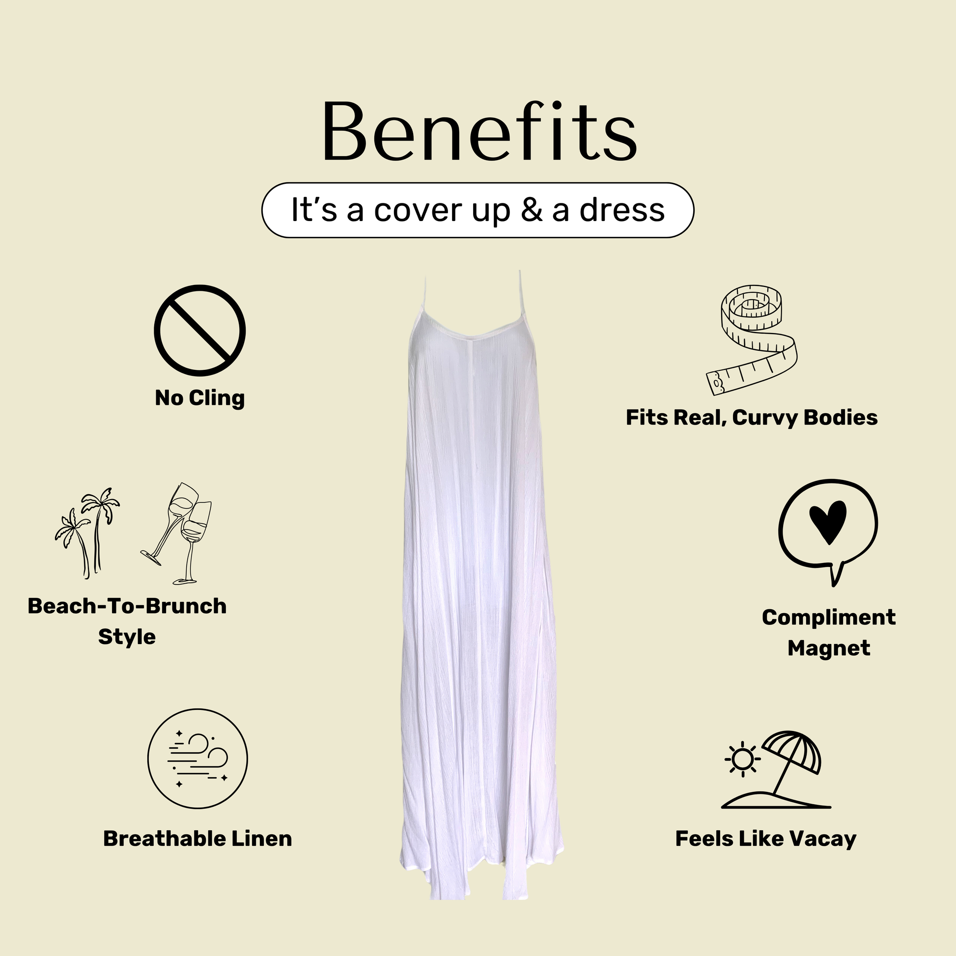 White cover up maxi dress with text highlighting its benefits on a beige background