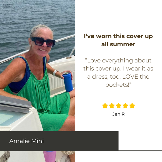 Woman on a boat wearing a green cover-up with text about product satisfaction.