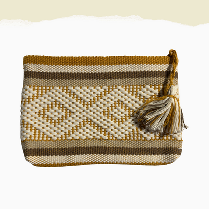 Hand woven mexican pouch in gold grey tan and ivory with tassel