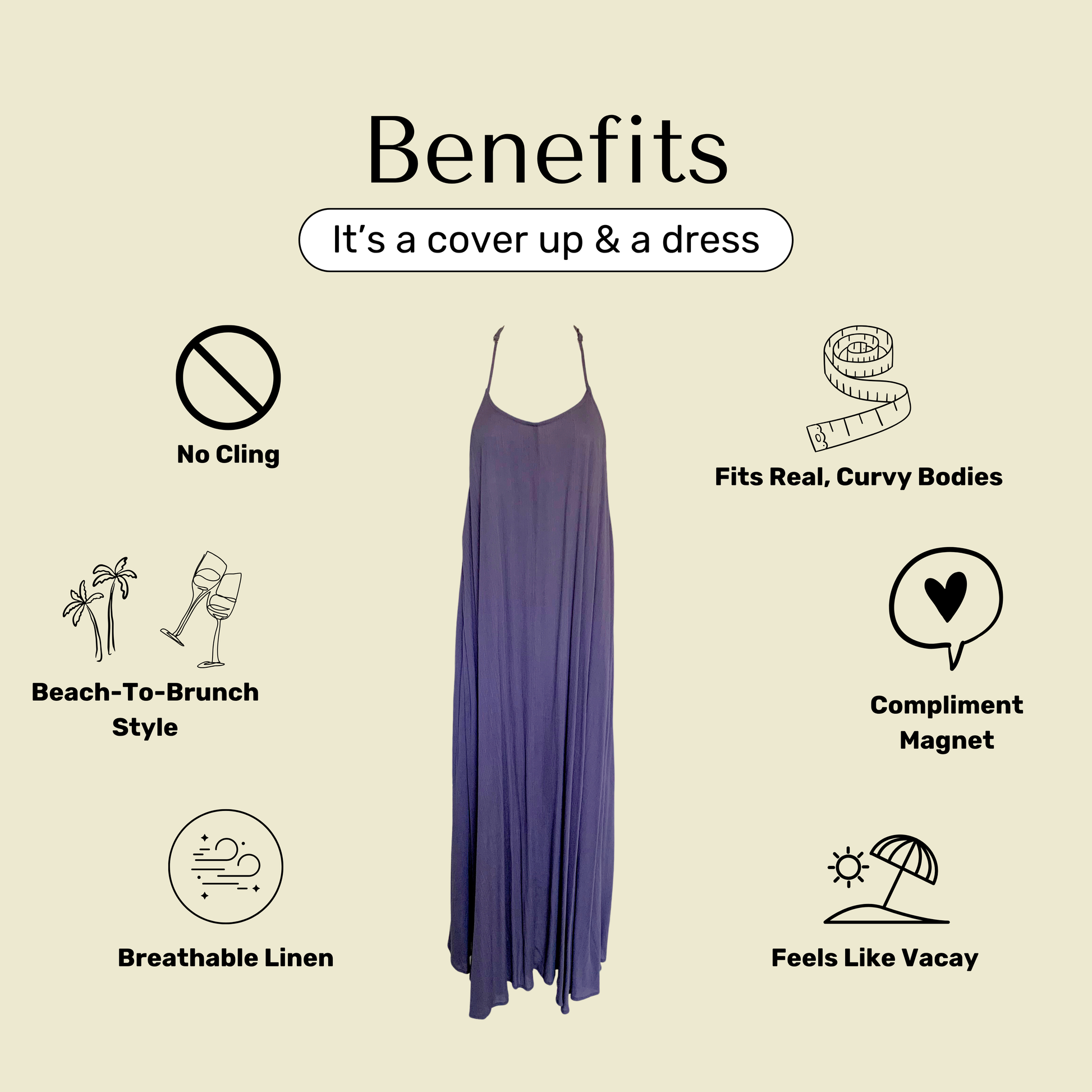 Blue dress with benefits listed on a beige background