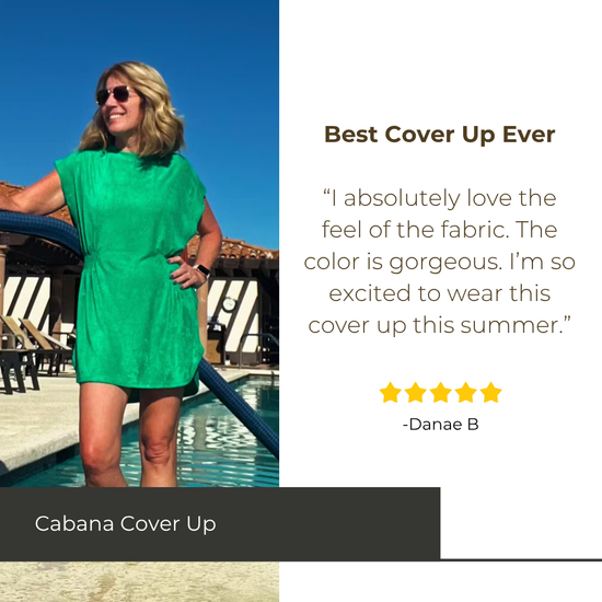 Woman wearing a green cover-up by a pool with positive review text.