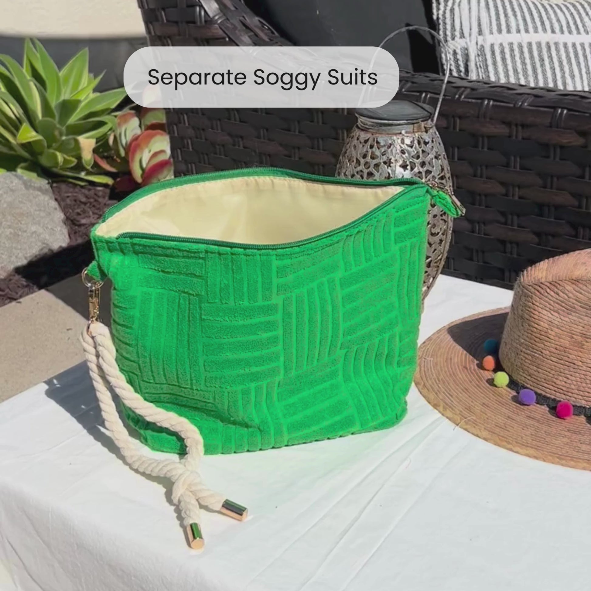 Video of someone putting a wet swimsuit into a green waterproof bag that is terry cloth on the outside with a rope tassel