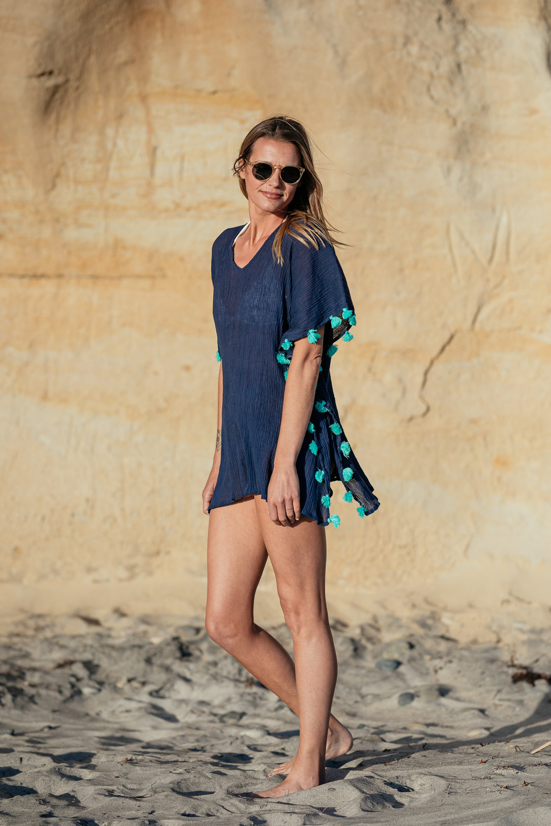 Positano Short Coverup in Navy with Turquoise Tassel - Bette