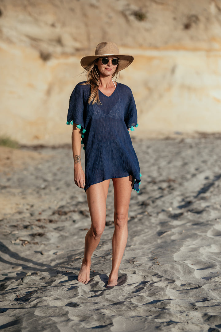 Positano Short Coverup in Navy with Turquoise Tassel - Bette