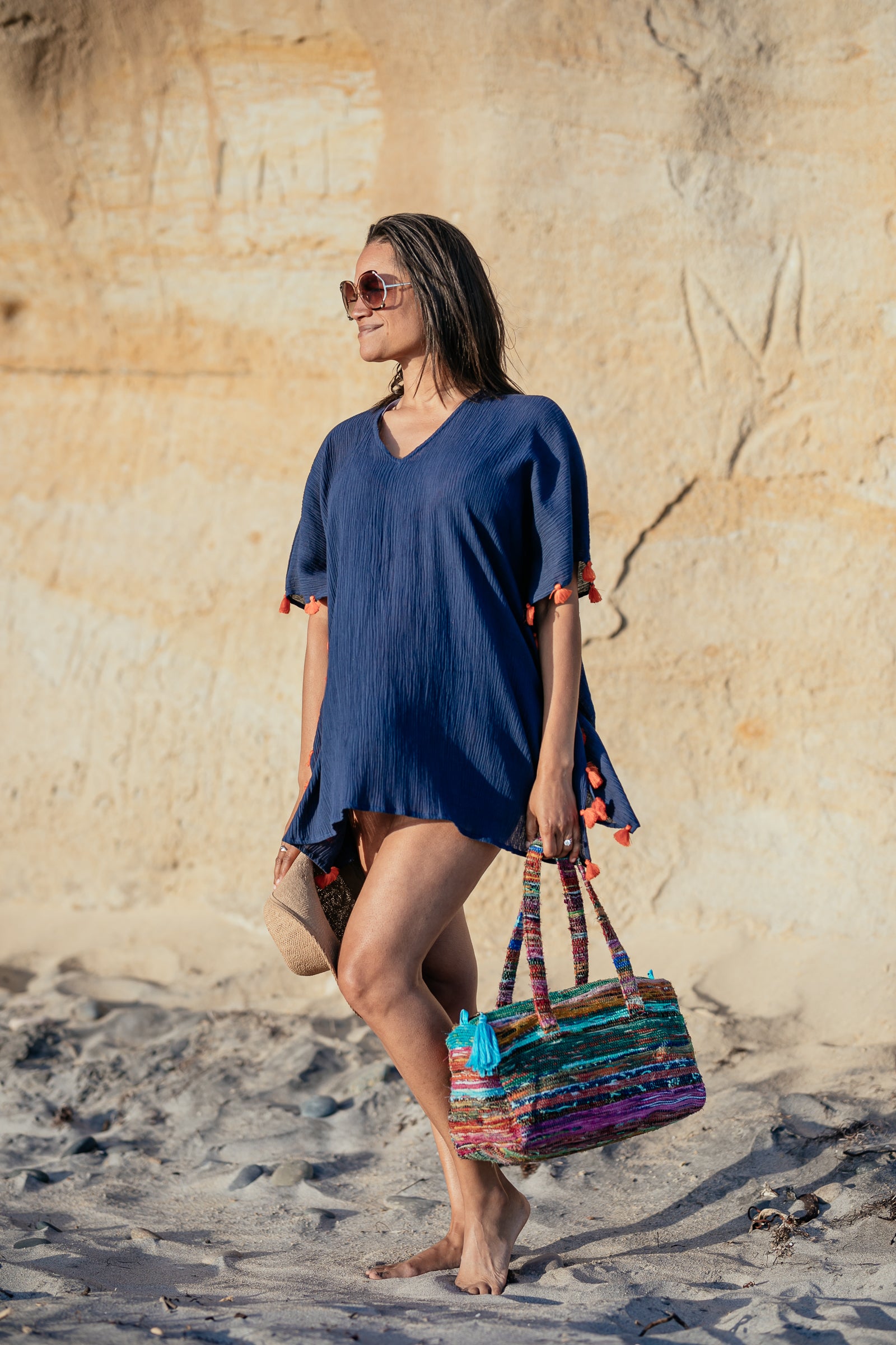 Positano Short Coverup in Navy with Orange Tassel - Bette