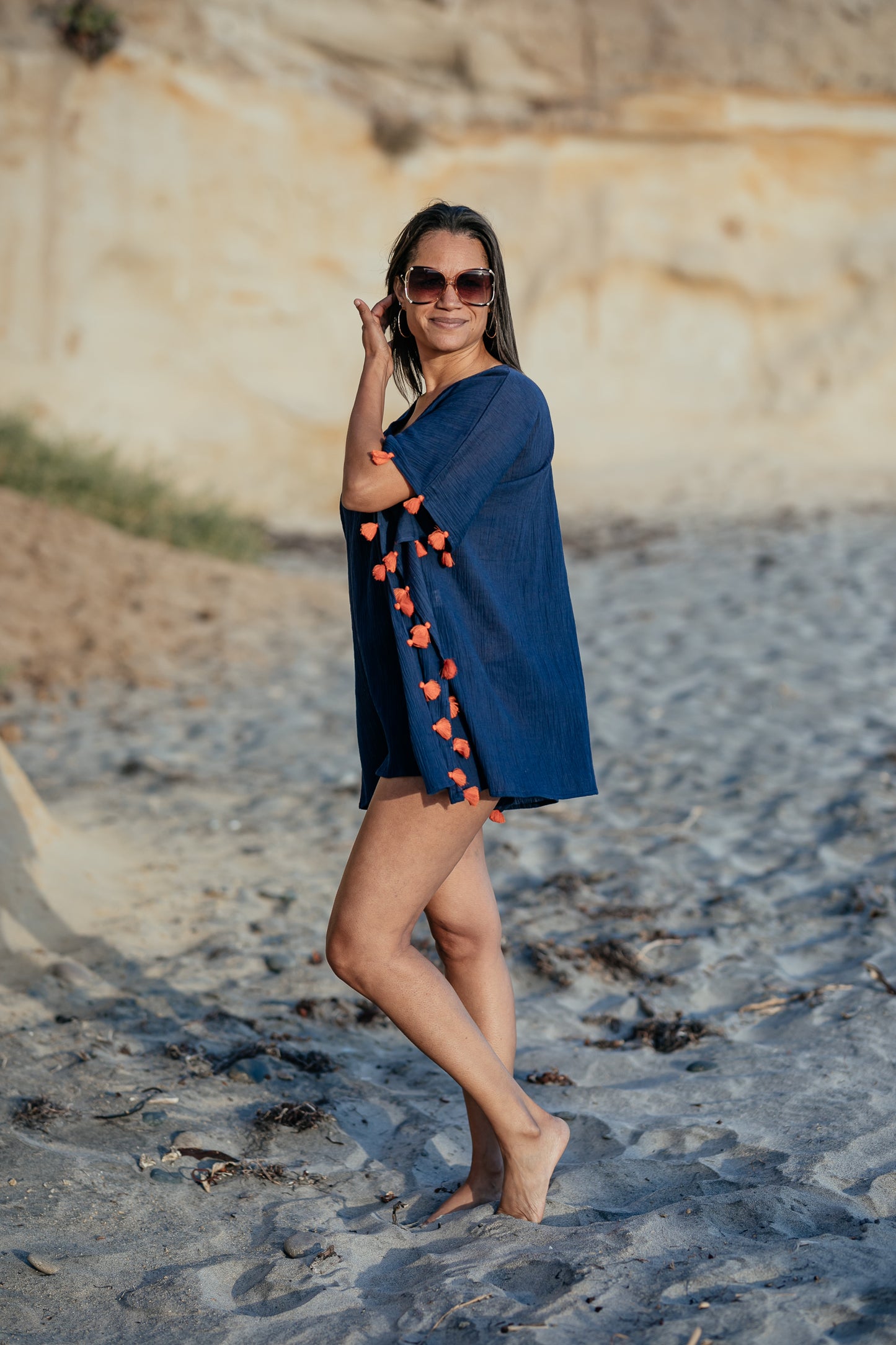 Positano Short Coverup in Navy with Orange Tassel - Bette