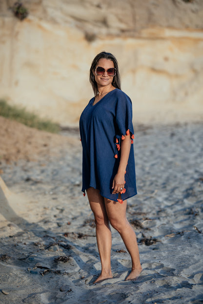 Positano Short Coverup in Navy with Orange Tassel - Bette