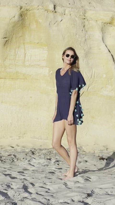 Positano Short Coverup in Navy with Turquoise Tassel