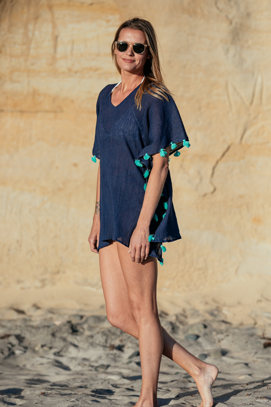 Positano Short Coverup in Navy with Turquoise Tassel - Bette