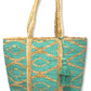 Jute tote bag with turquoise diamond design and turquoise tassel