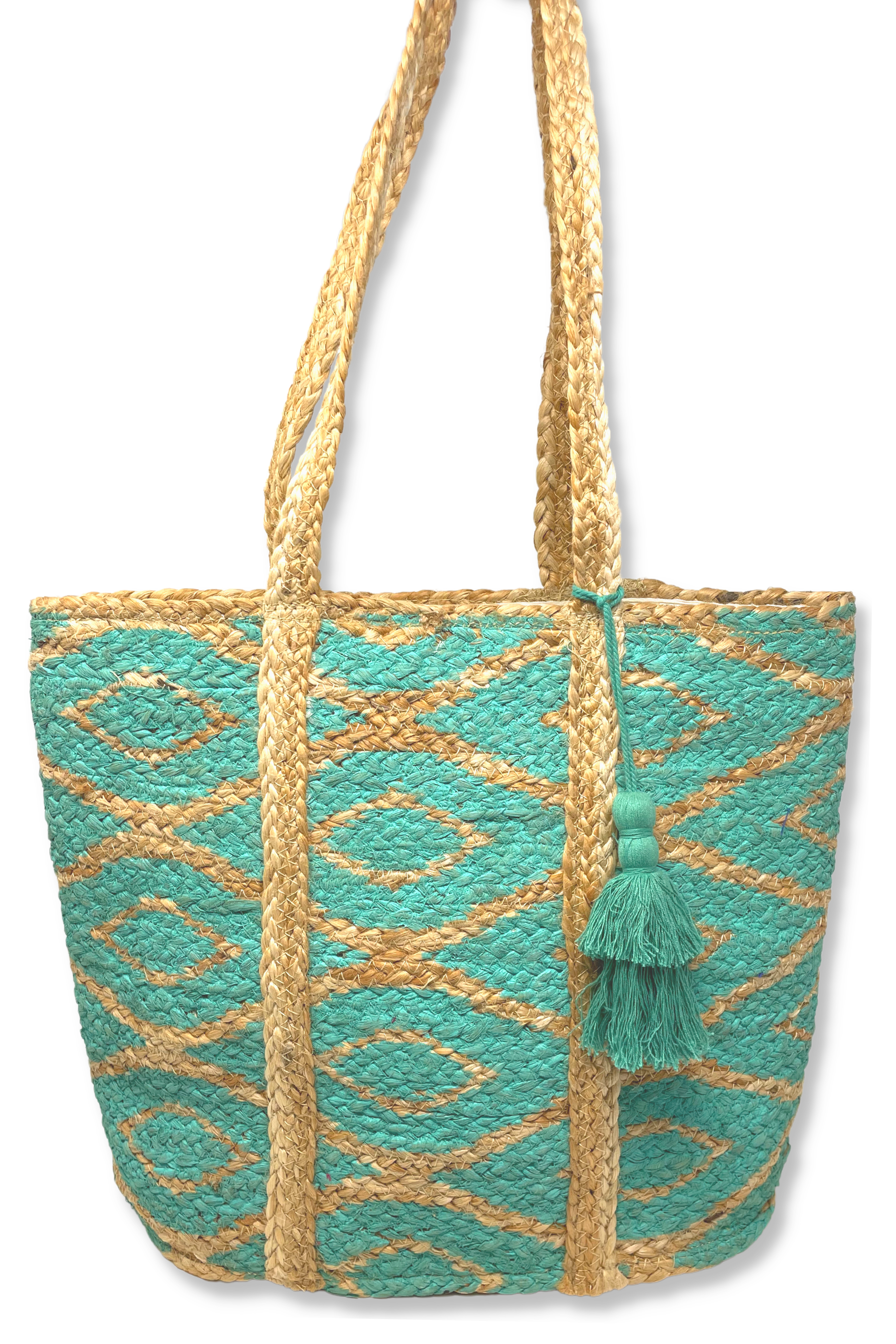 Jute tote bag with turquoise diamond design and turquoise tassel