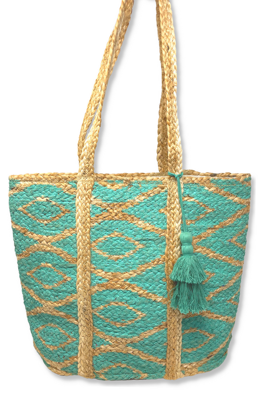 Jute tote bag with turquoise diamond design and turquoise tassel