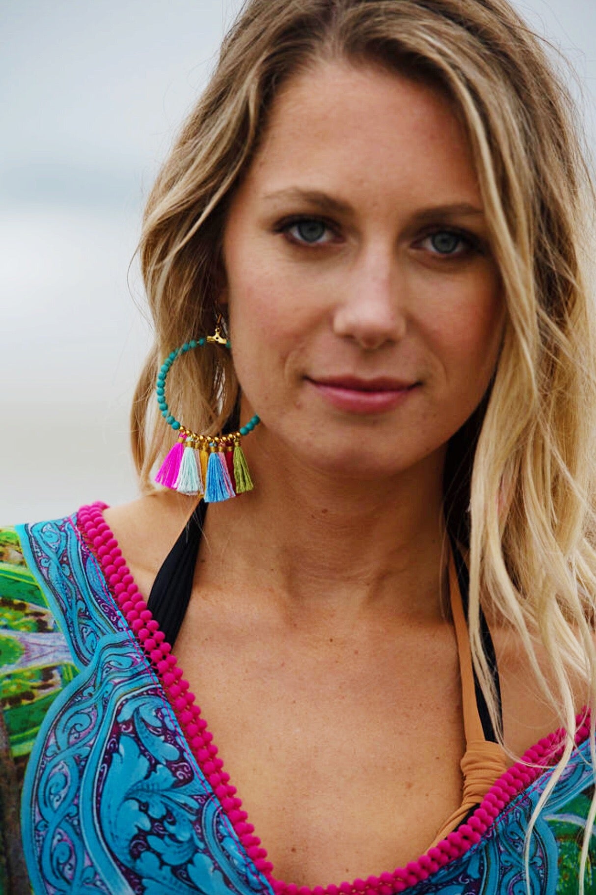 Turquoise Tassel Hoop Earrings - Bette